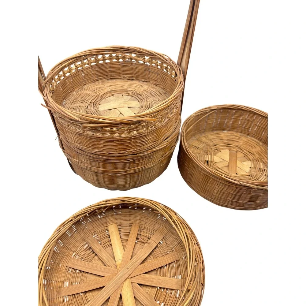 Vintage Chinese Wedding Basket 3 Tier‎ Woven Bamboo Wicker Tiffin Carrier 15
